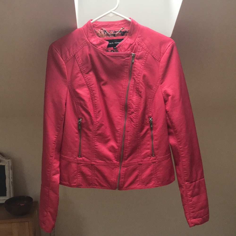 Pink faux leather moto jacket